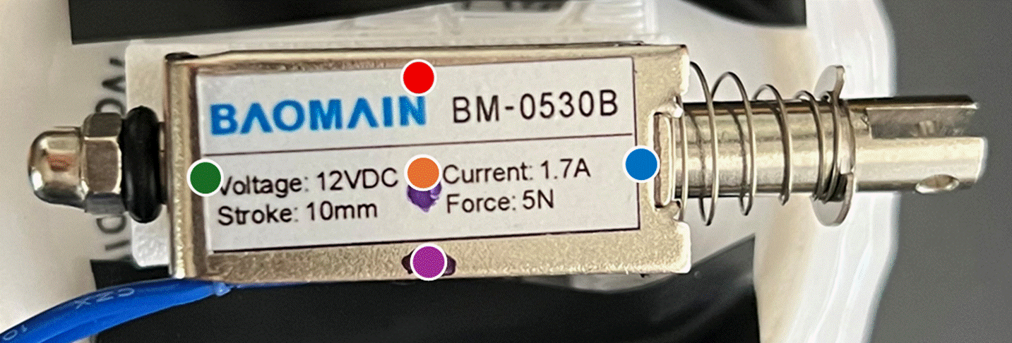 The image depicts a BAOMAIN BM-0530B voltage regulator, labeled with specifications: 12VDC, 1.7A current, 10mm stroke, and 5N force.
AI-generated content may be incorrect.