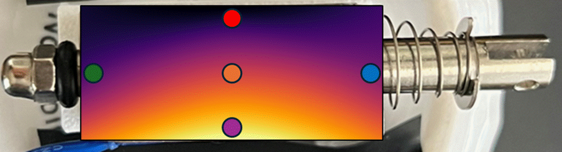 The image shows a close-up view of a mechanical device with a clear glass cover, revealing a small, cylindrical metal rod connected to a spring, surrounded by a colorful gradient background with distinct red, yellow, and blue dots evenly spaced.
AI-generated content may be incorrect.